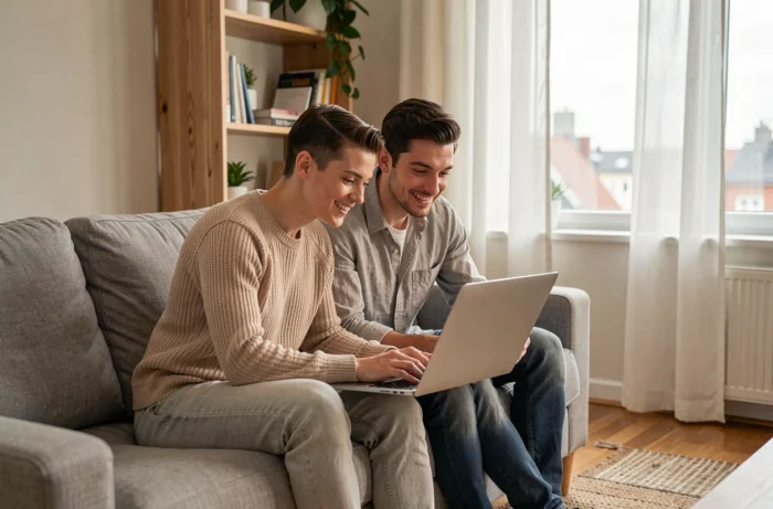 Couple de locataires potentiels recherchant un appartement en ligne sur une plateforme immobilière comme Pikadom
