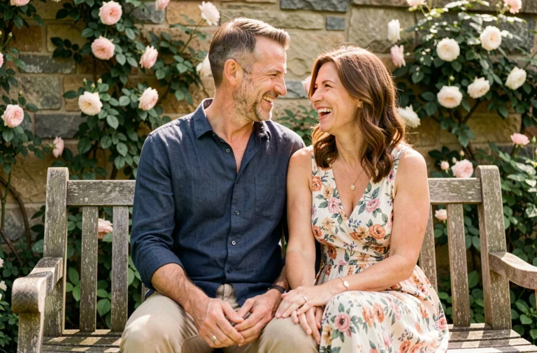 Couple marié complice assis sur un banc en bois dans un jardin fleuri, riant ensemble dans une atmosphère chaleureuse et intime
