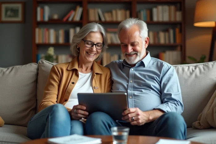 Couple utilisant une application de téléconsultation médicale sur une tablette pour économiser sur les soins de santé