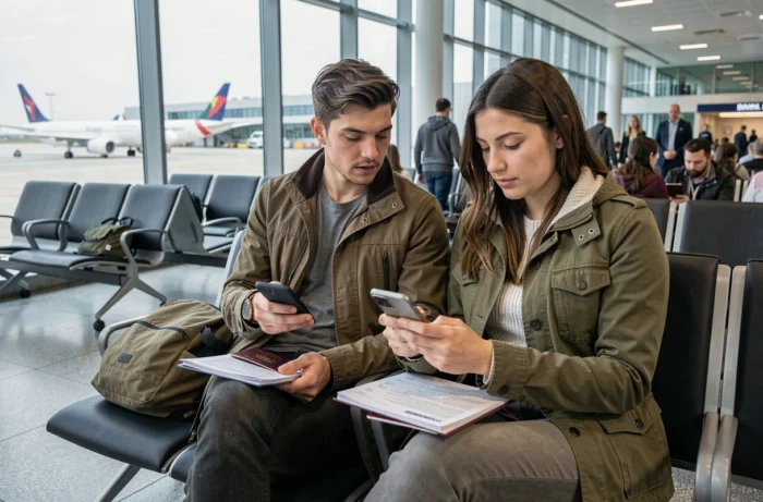 Couple vérifiant leurs documents de voyage et leur itinéraire sur smartphone dans un terminal d'aéroport avant le départ