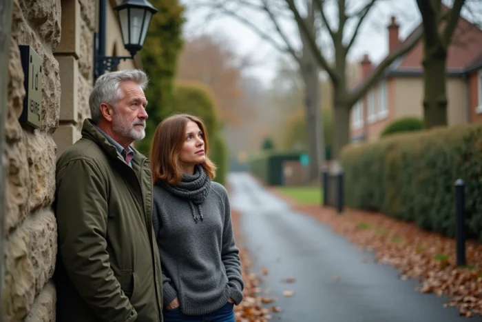 Couple visitant une maison en pierre à vendre dans un quartier résidentiel en automne, projet immobilier 2024