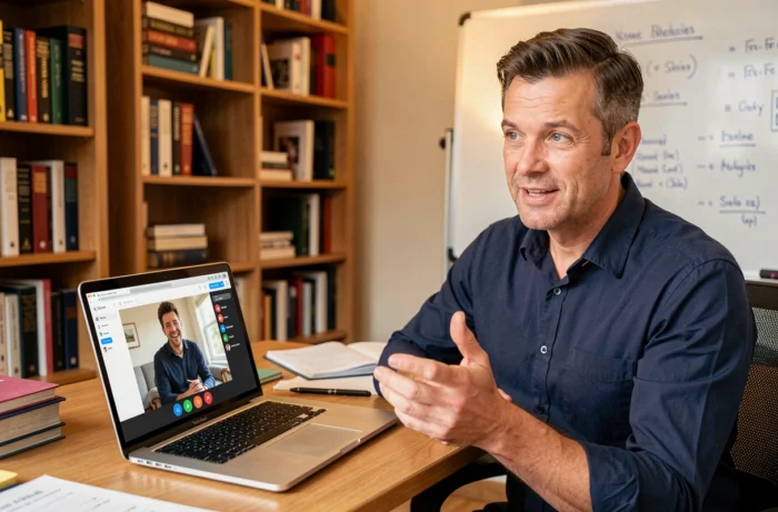 Homme donnant des cours particuliers en ligne via une application de visioconférence depuis son bureau à domicile