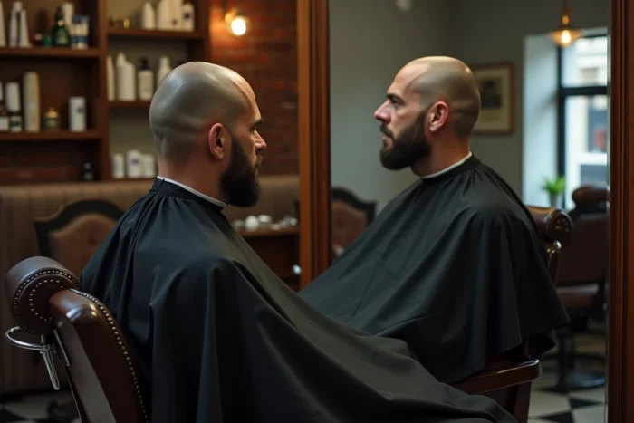 Homme aux cheveux rasés assis dans un fauteuil de barbier traditionnel évaluant son look crâne rasé