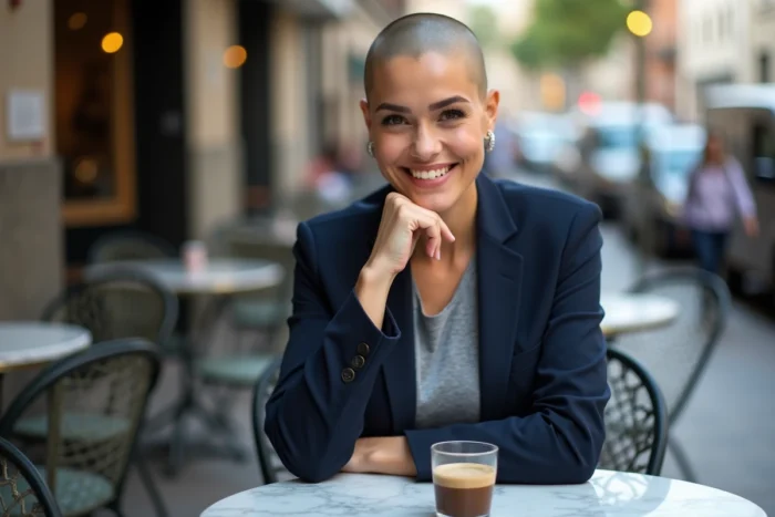 Femme au crâne rasé portant un blazer marine affichant un sourire confiant à la terrasse d'un café
