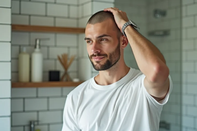 Homme de 35 ans au crâne rasé s'examinant dans un miroir de salle de bain pour évaluer ce look