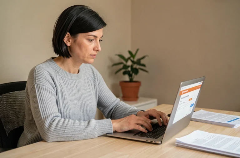 Femme créant un compte MyFoncia sur son ordinateur portable dans un bureau à domicile