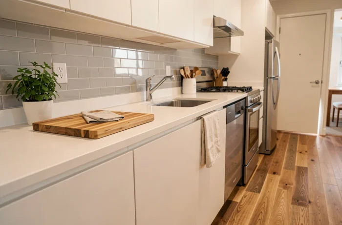 Cuisine moderne et soignée d'un appartement en location prête pour une annonce immobilière attractive sur Pikadom