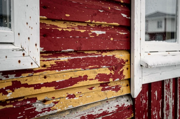 Détail de façade en bois rouge d'une maison groenlandaise avec peinture écaillée révélant les couches anciennes à Ilulissat