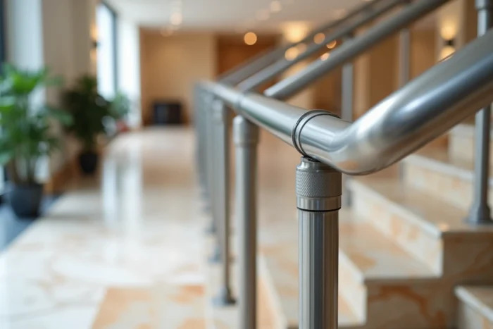 Détail d'un garde-corps en acier inoxydable conforme aux normes NF P 01-012 et NF P 01-013 dans un bâtiment public