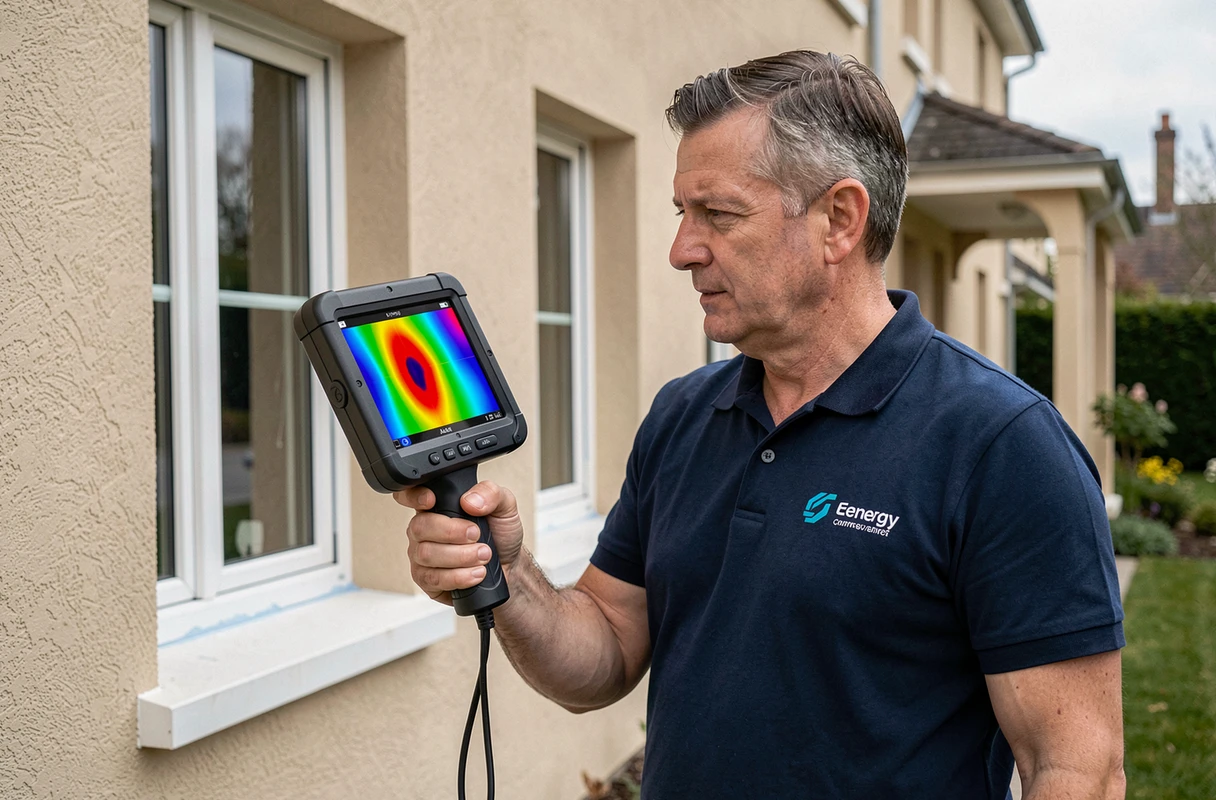 Conseiller en rénovation énergétique utilisant une caméra thermique pour détecter les ponts thermiques et les déperditions de chaleur sur la façade d'une maison