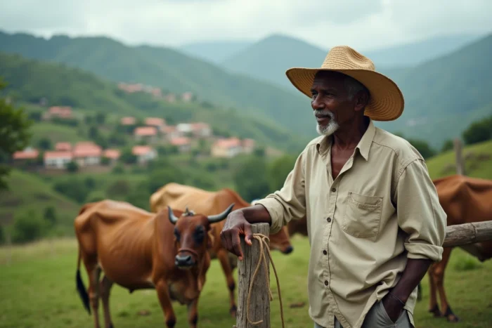 Éleveur malgache surveillant son troupeau de zébus dans les Hauts Plateaux, symbolisant l'importance du bœuf dans les traditions alimentaires et culturelles malgaches