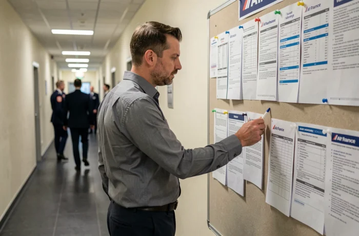 Employé Air France lisant des informations syndicales affichées dans un couloir opérationnel