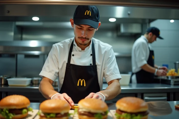 Employé McDonald's préparant des burgers en cuisine dans les coulisses du restaurant