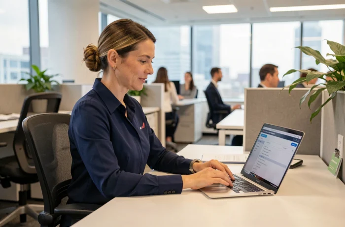 Employée Air France consultant l'IPN sur son ordinateur portable dans un bureau moderne