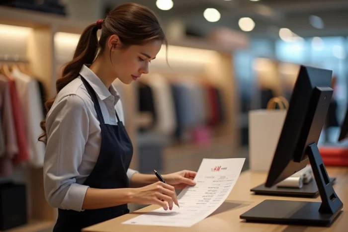 Employée H&M examinant sa fiche de paie à la caisse d'un magasin de prêt-à-porter