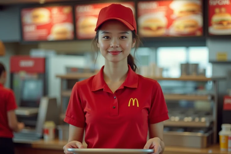 Employée McDonald's en uniforme derrière le comptoir de service dans un restaurant fast-food