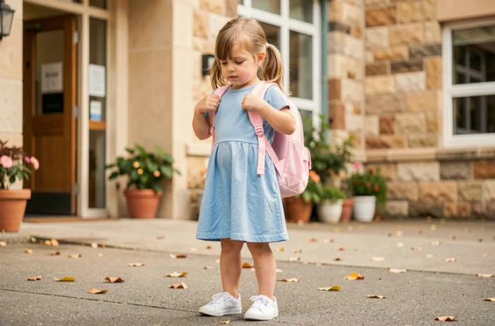 Petite fille de maternelle ajustant les bretelles de son cartable rose devant l'entrée de l'école