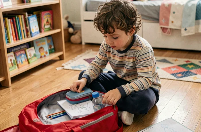 Enfant de maternelle préparant son cartable rouge dans sa chambre avant la rentrée scolaire
