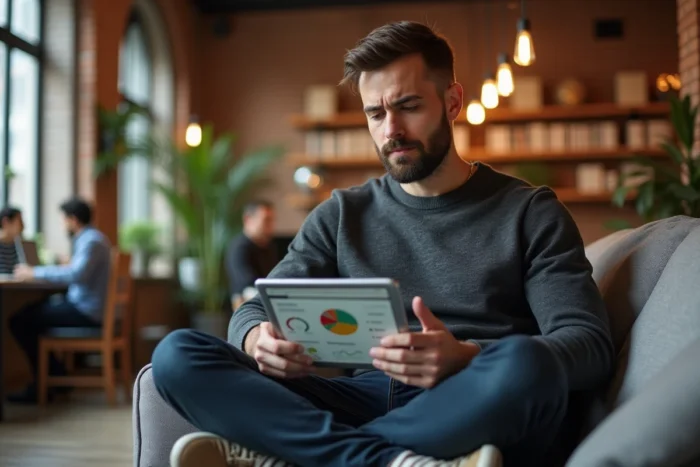 Jeune entrepreneur consultant une application de gestion d'entreprise sur tablette dans un espace de coworking moderne et chaleureux