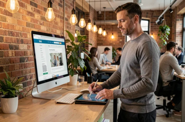 Entrepreneur masculin dans un espace de coworking utilisant un moniteur et une tablette pour développer son business sur internet