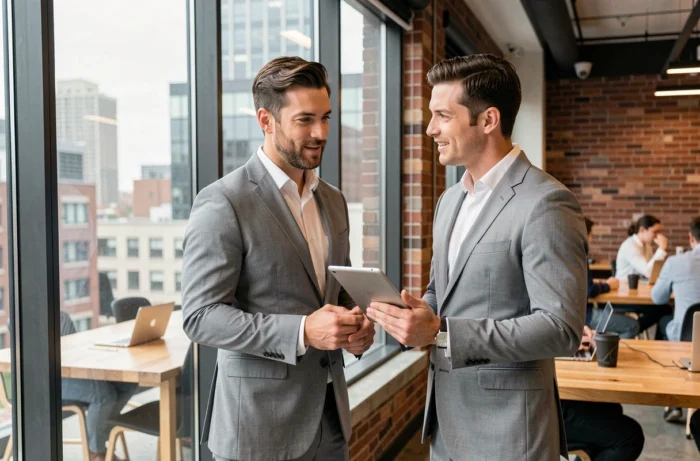 Entrepreneur en costume gris discutant de protection professionnelle avec un collègue dans un espace de coworking moderne