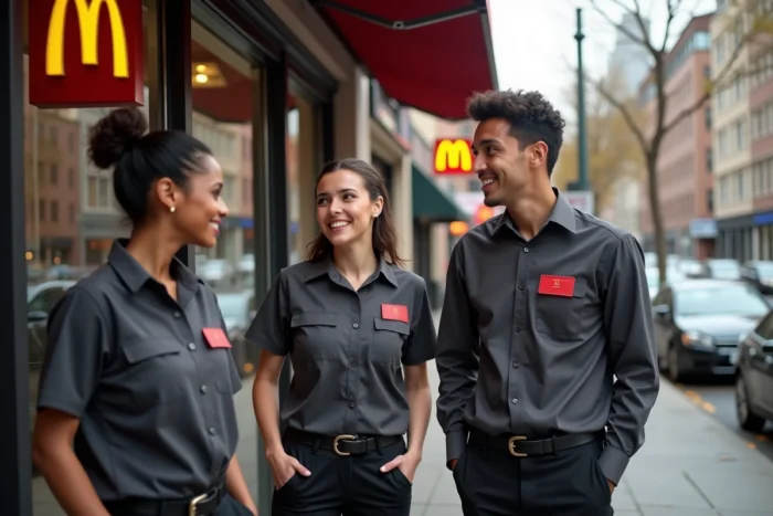 Équipe d'employés McDonald's en pause devant l'entrée du restaurant en milieu urbain