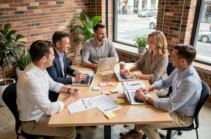 Équipe de professionnels collaborant autour d'une table de réunion avec rapports et ordinateurs portables dans un espace de coworking