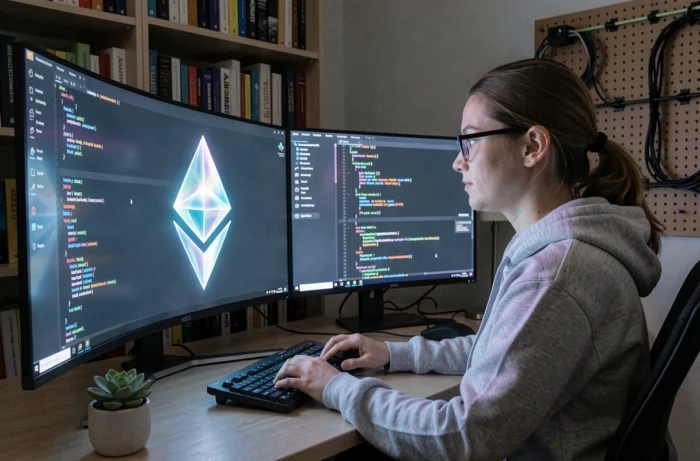 Développeuse devant un écran affichant le logo Ethereum, travaillant sur une application DeFi dans un bureau à domicile