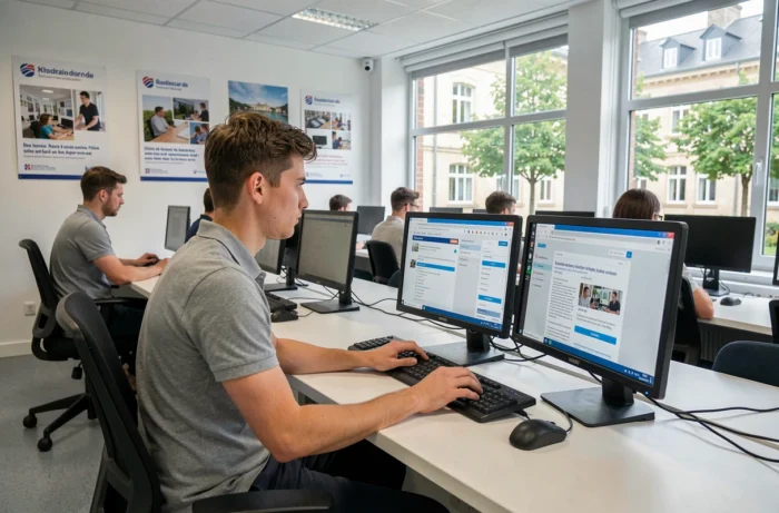 Étudiant masculin accédant aux ressources numériques de l'UPHF dans une salle informatique moderne du campus