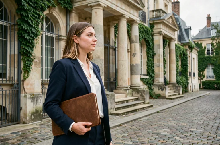Étudiante devant l'entrée d'une grande école française avec architecture néoclassique, illustrant le débat sur le classement de Sciences Po Saint-Germain-en-Laye