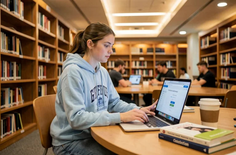 Étudiante de l'UPHF utilisant les services en ligne de l'université sur son ordinateur portable dans la bibliothèque universitaire
