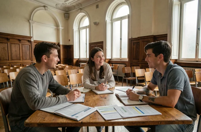 Étudiants en débat autour d'une table dans une salle de cours d'une grande école française, symbolisant les controverses autour des classements académiques