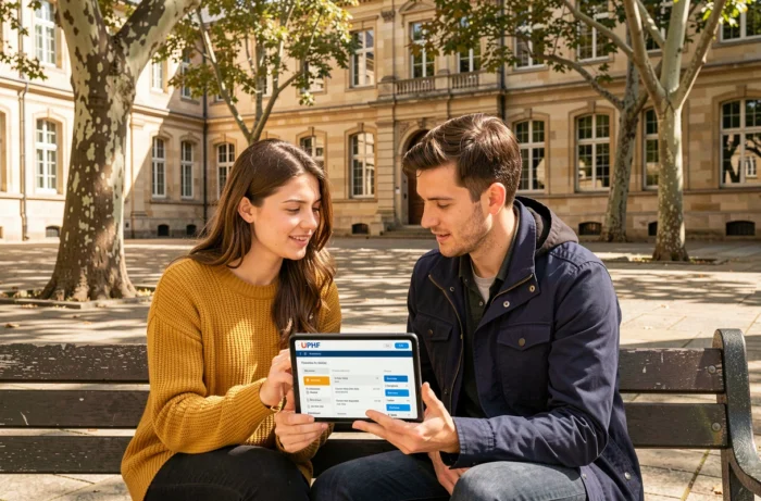 Deux étudiants de l'UPHF collaborant sur les ressources en ligne de l'université depuis une tablette en extérieur sur le campus
