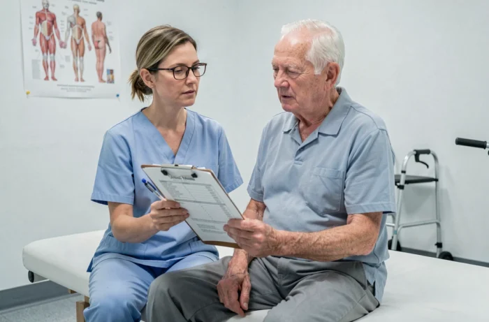 Physiothérapeute gériatrique évaluant un patient âgé avec l'échelle de Tinetti sur un formulaire papier en milieu clinique