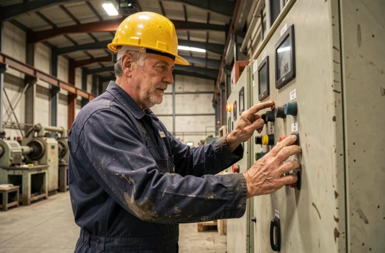 Électricien expérimenté inspectant un tableau de contrôle industriel, illustrant la valeur irremplaçable de l'expérience terrain en milieu professionnel