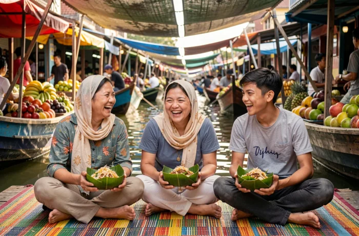 Mère et ses deux adolescents savourant de la street food locale sur un marché flottant en Asie du Sud-Est pendant un voyage en famille