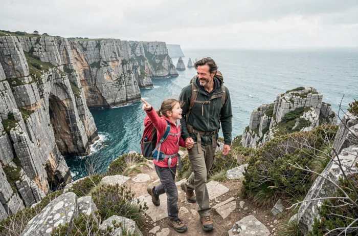 Père et sa fille explorant un sentier de falaise côtière dramatique lors d'une randonnée en famille au bord de la mer