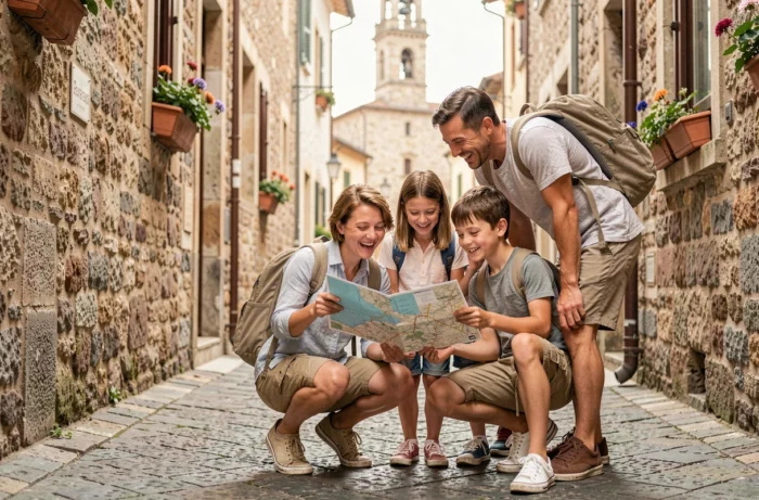 Famille de quatre personnes explorant une ruelle pavée d'une vieille ville européenne avec une carte papier lors d'un voyage en famille