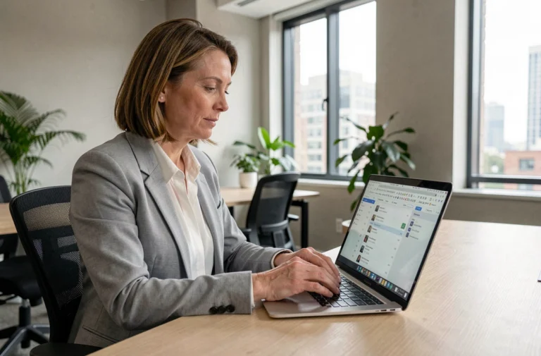 Femme professionnelle accédant à son webmail sur un ordinateur portable dans un bureau moderne