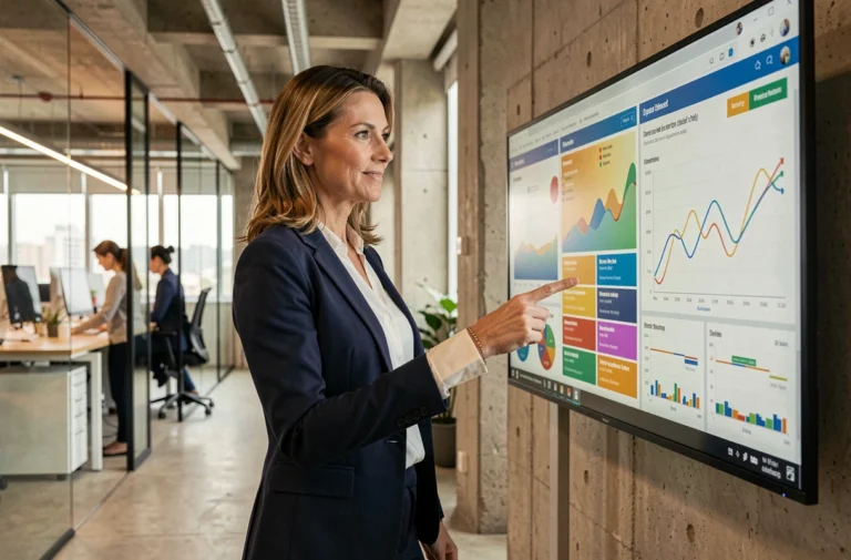Femme d'affaires consultant un tableau de bord analytique sur écran tactile dans un bureau moderne, illustrant les tendances business actuelles