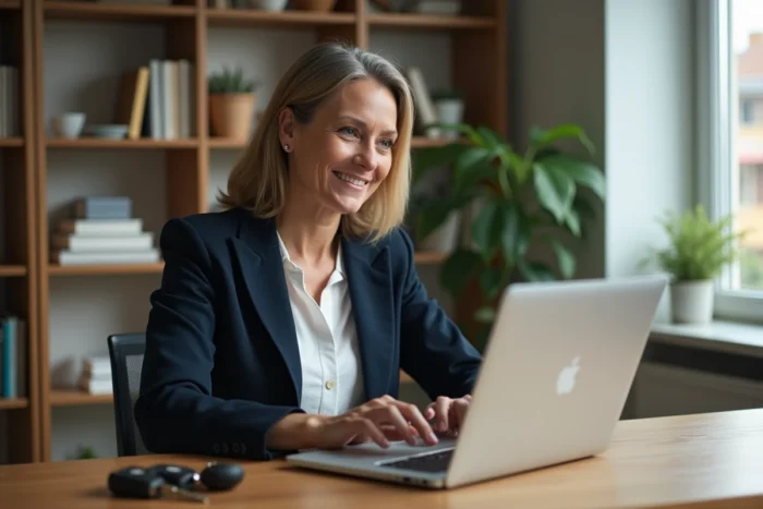 Femme rédigeant un avis en ligne sur son achat de voiture d'occasion Spoticar depuis son bureau à domicile