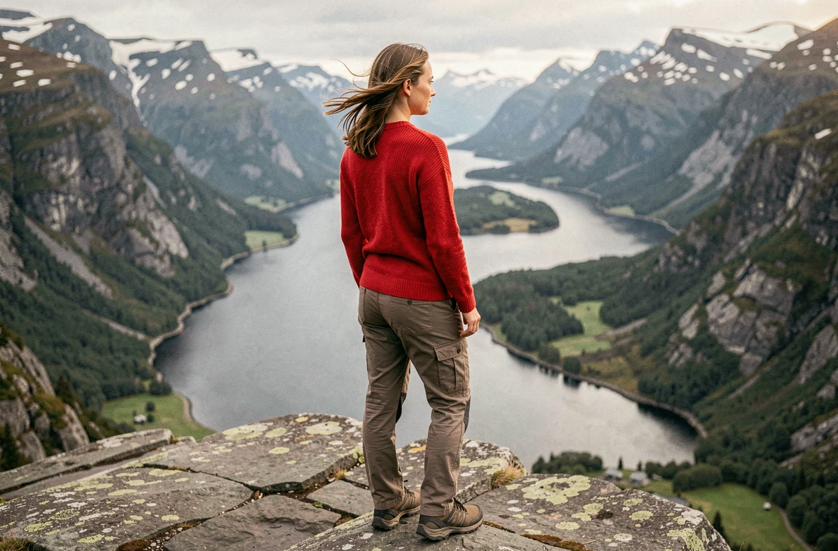Femme contemplant un fjord norvégien depuis un belvédère rocheux en pull rouge