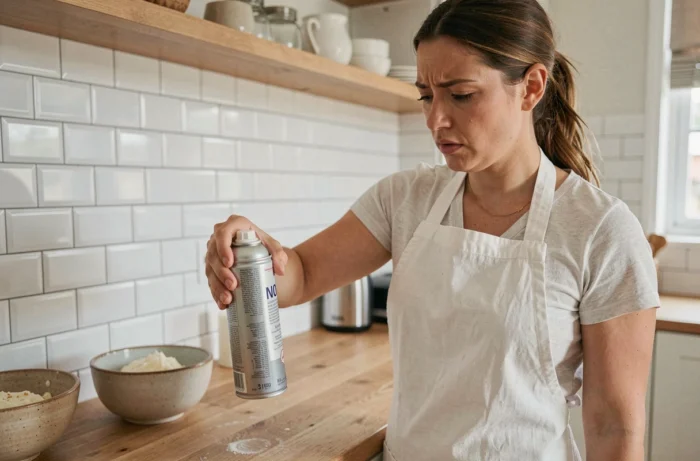 Femme tenant une bombe de chantilly bloquée au-dessus d'un comptoir de cuisine moderne en bois