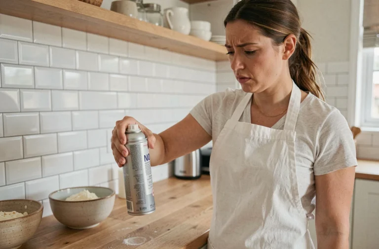 Femme tenant une bombe de chantilly bloquée au-dessus d'un comptoir de cuisine moderne en bois