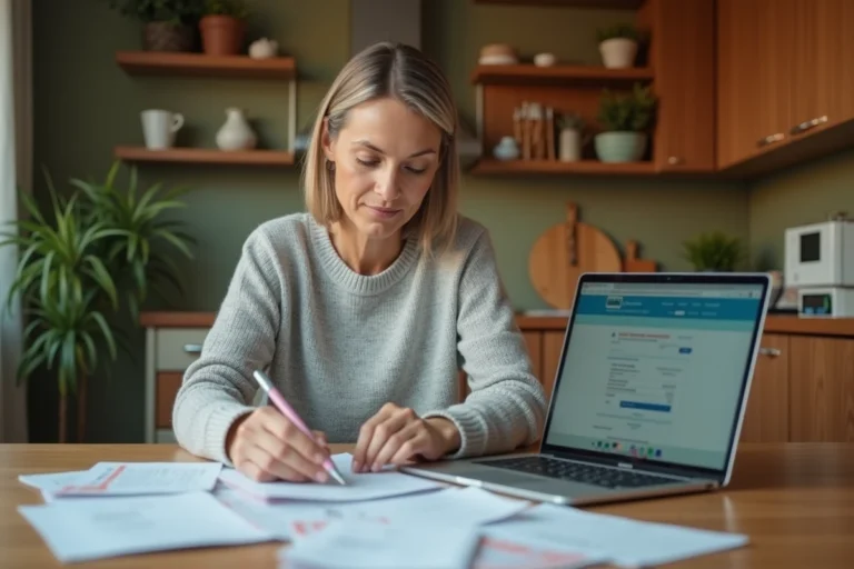 Femme consultantses factures médicales et documents d'assurance santé sur une table en bois à la maison