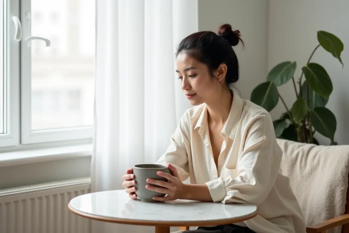 Femme tenant une tasse de café en céramique à une table en marbre dans un salon scandinave minimaliste