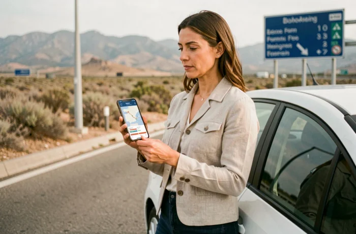 Femme consultant une carte numérique des autoroutes espagnoles gratuites et payantes sur smartphone