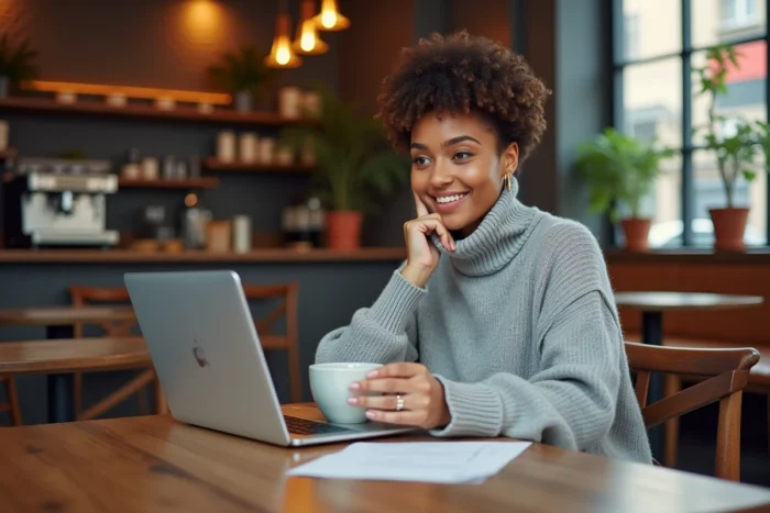Femme explorant les options cachées de Chrome sur un ordinateur portable dans un café