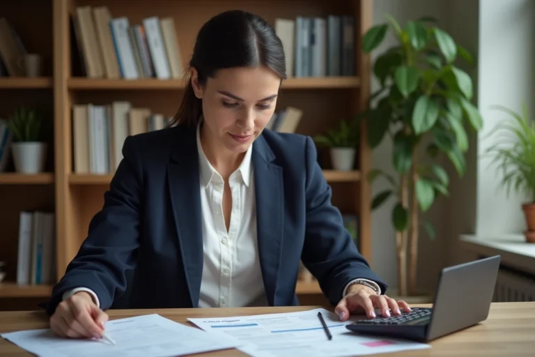 Femme comptable analysant des documents fiscaux LMNP à son bureau à domicile