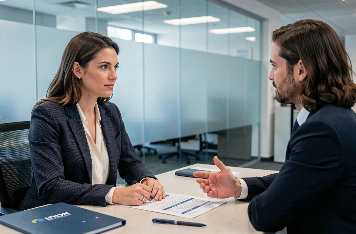 Une femme en rendez-vous avec un conseiller bancaire pour discuter d'un crédit dans une agence professionnelle